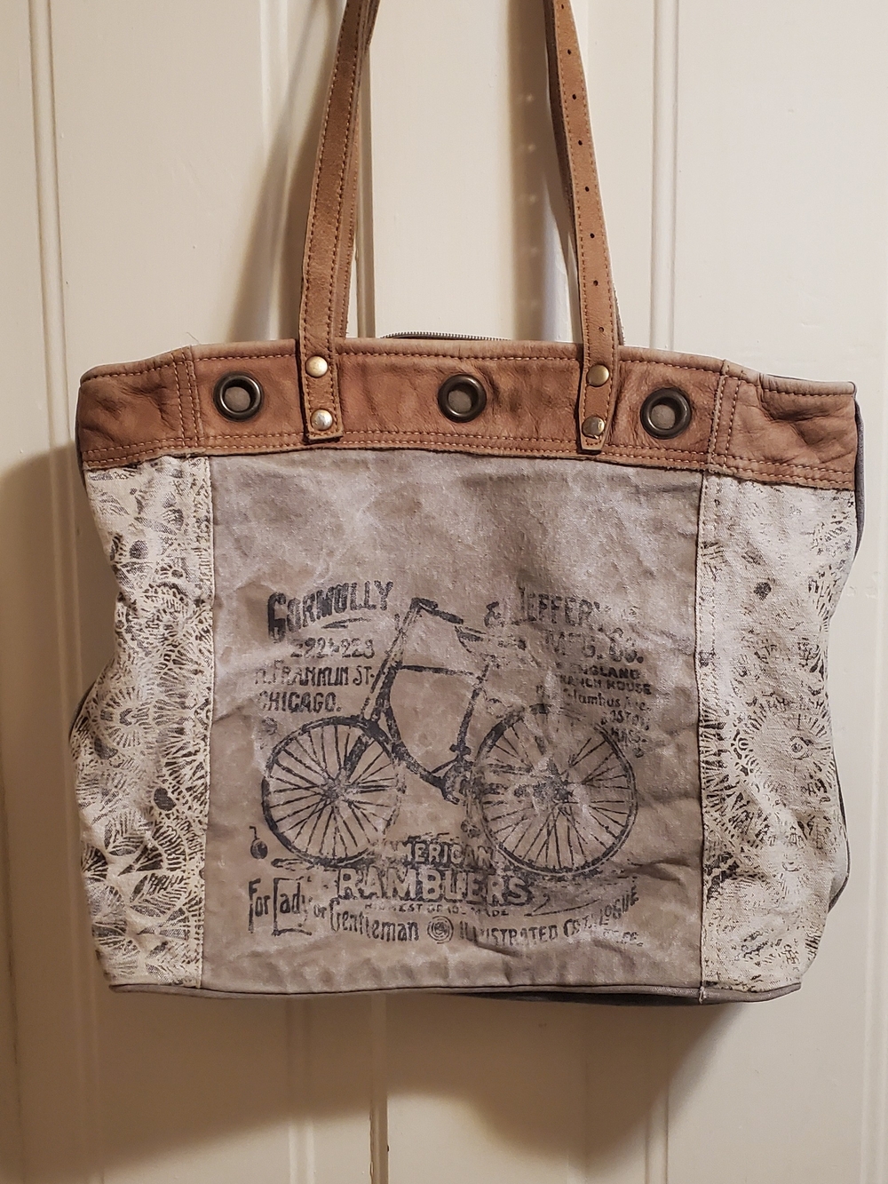 Myra Bag Bicycle Graphic Tote Bag Cotton Canvas & Leather Straps